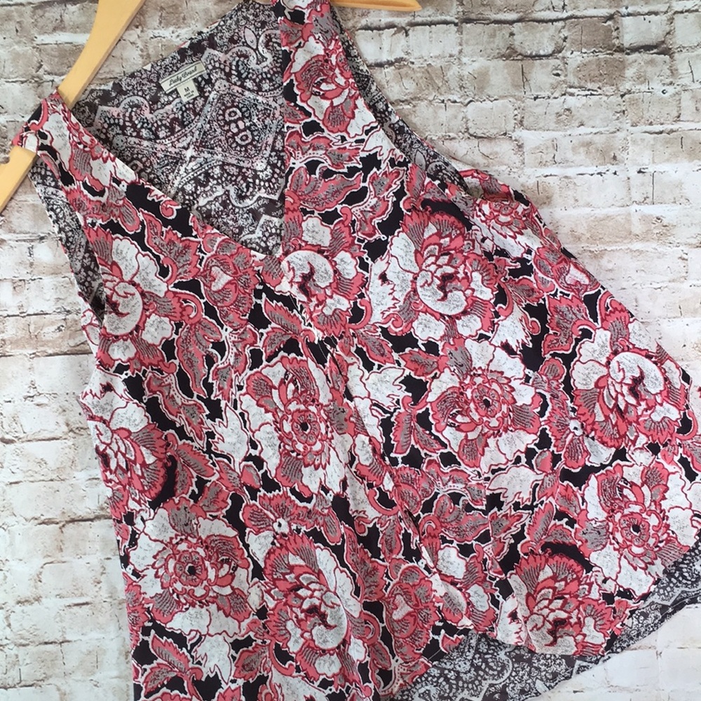 Lucky Brand Silk Red, Black & White Floral Sleeveless Blouse